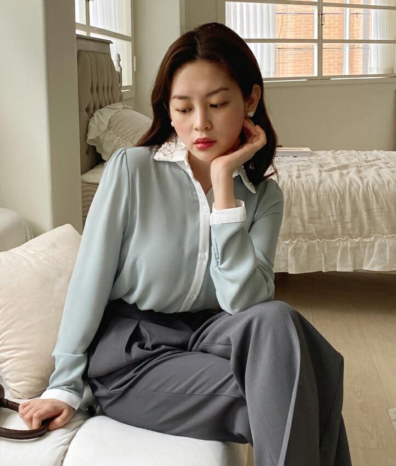 【マラソン特価】フラワーフェイクパールカラーブラウス・全4色・t66341 レディース 【bl】ブラウス トップス 長袖 バイカラー 配色 花 フェイクパール 襟 上品 パステル 春 秋 冬 レース オフィス きれいめ 大人っぽ フェミニン 韓国ファッション クリスマス セール