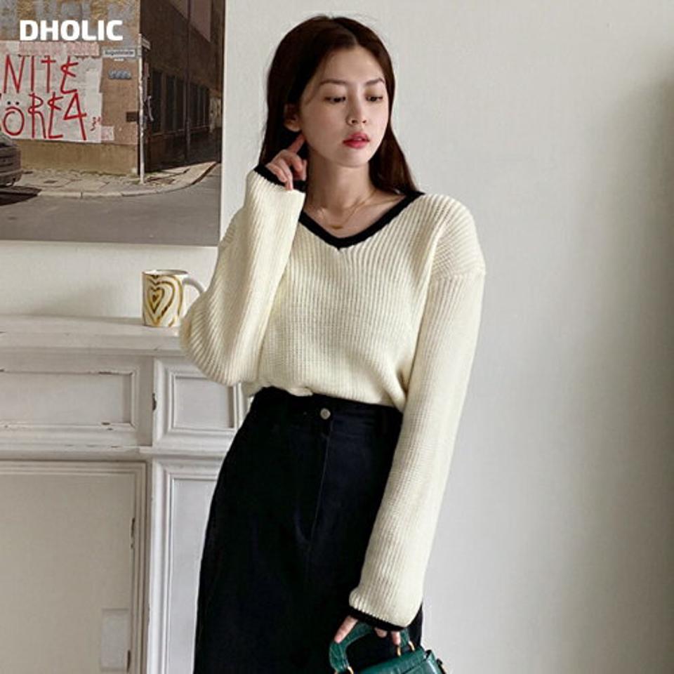 配色ラインVネックニット・全4色・t66346 レディース 【tops】トップス 長袖 ニット Vネック 配色 柄 秋 冬 鎖骨 デコルテ見せ ドロップショルダー 肩落ち ゆったり ラフ かわいい 可愛い ガーリー カジュアル 韓国ファッション