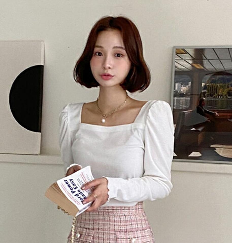 スクエアメロウTシャツ・全5色・t66337 レディース 【tops】トップス 長袖 Tシャツ スクエアネック パステル 無地 単色 春 秋 冬 鎖骨 デコルテ見せ パフスリーブ パフ袖 ラブリー キュート かわいい 可愛い フェミニン 韓国ファッション
