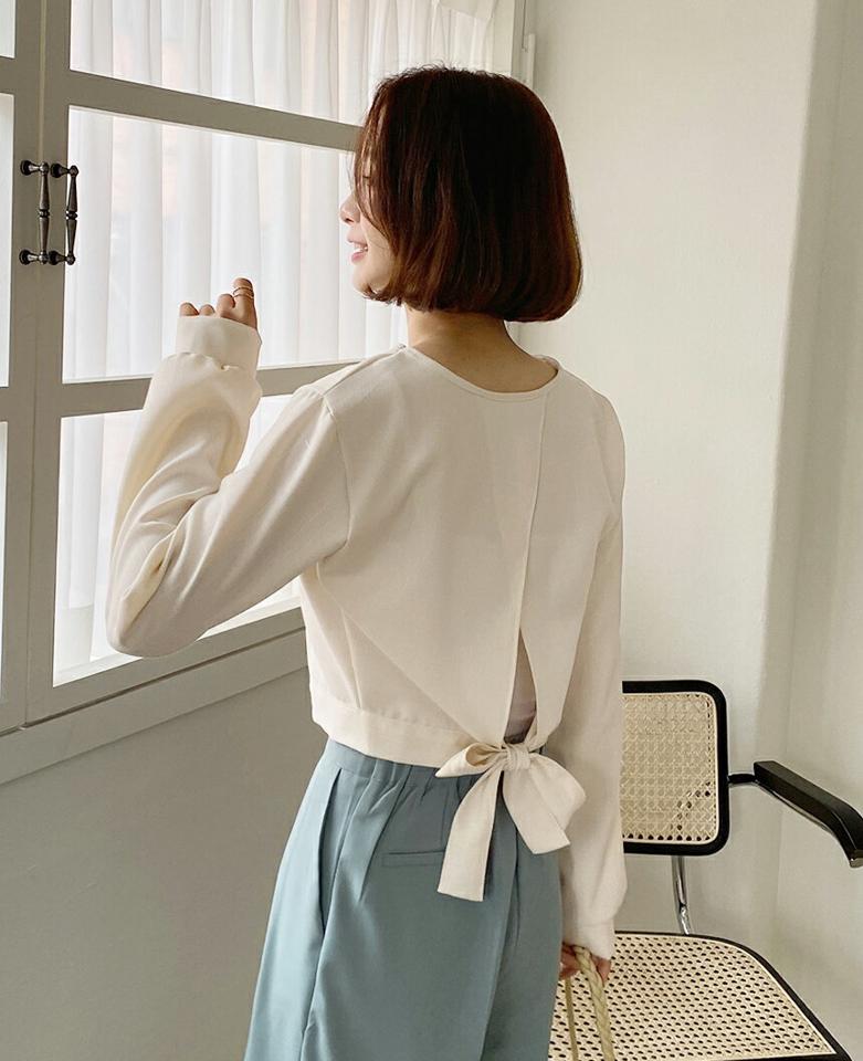 ツイード調バックスリットブラウス・全4色・t66340 レディース 【bl】ブラウス 長袖 トップス ツイード調 柄 春 秋 冬 スリット リボン バックシャン クロップド丈 かわいい 可愛い 水色 パステル フェミニン きれいめ 韓国ファッション