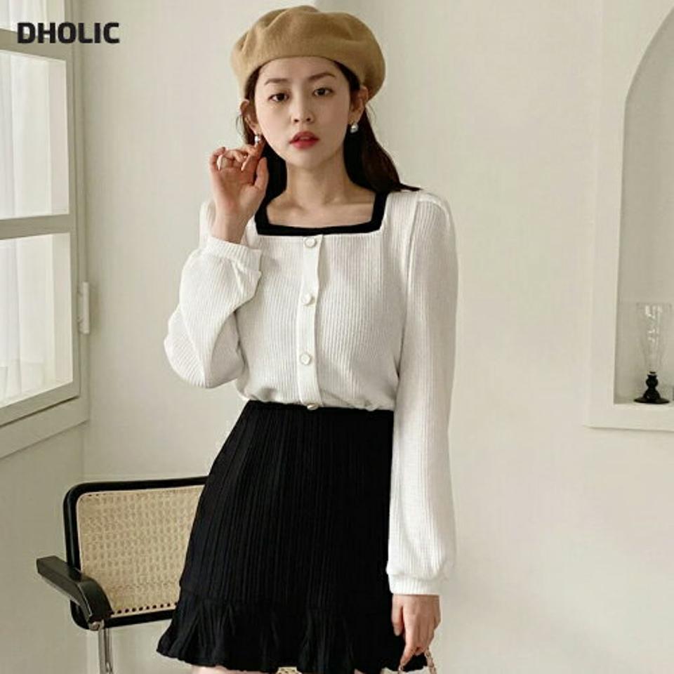 配色ボタンスクエアワッフルTシャツ・全4色・t66343 レディース 【tops】トップス 長袖 Tシャツ 配色 柄 ボタン スクエアネック 春 秋 冬 鎖骨 デコルテ見せ 上品 ワッフル編み パフスリーブ パフ袖 オフィスカジュアル ガーリー 韓国ファッション