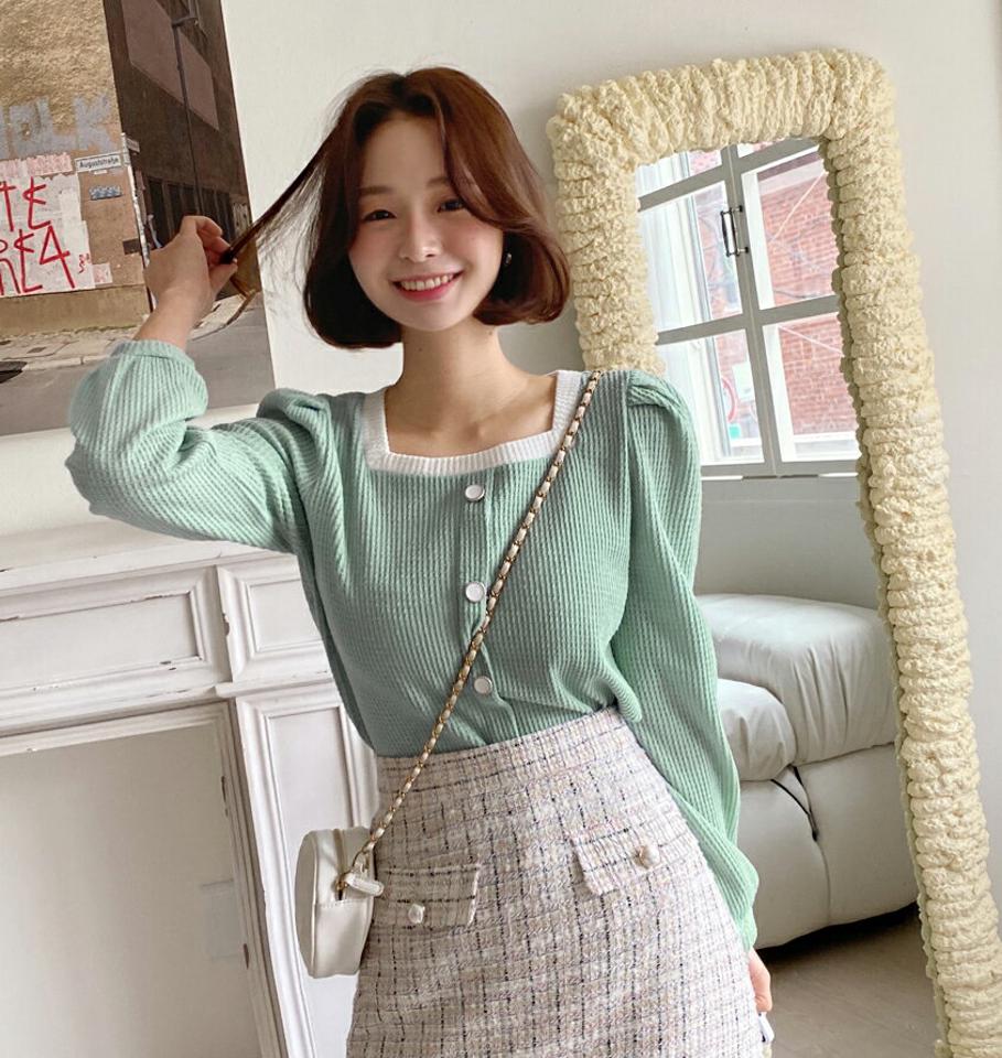 配色ボタンスクエアワッフルTシャツ・全4色・t66343 レディース 【tops】トップス 長袖 Tシャツ 配色 柄 ボタン スクエアネック 春 秋 冬 鎖骨 デコルテ見せ 上品 ワッフル編み パフスリーブ パフ袖 オフィスカジュアル ガーリー 韓国ファッション