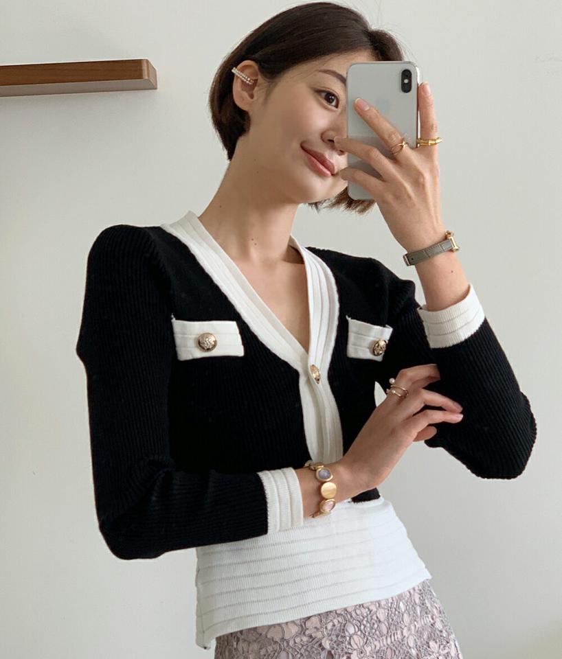 Vネック配色ボタンリブニット・全4色・t00224 レディース 【tops】トップス ニット 長袖 配色 パステル リブトップス フェミニン 大人 Vネック きれいめ 春 秋 韓国ファッション ハイホリHIHOLLI