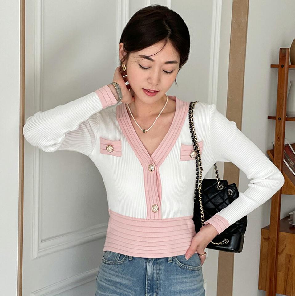 Vネック配色ボタンリブニット・全4色・t00224 レディース 【tops】トップス ニット 長袖 配色 パステル リブトップス フェミニン 大人 Vネック きれいめ 春 秋 韓国ファッション ハイホリHIHOLLI