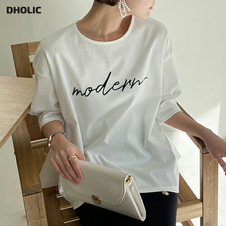刺繍レタリングフレアTシャツ・全4色・t00221 レディース 【tops】トップス Tシャツ 七分袖 7分袖 七分丈 7分丈 半端丈 ロゴT ロゴ レタリング カジュアル シンプル ドロップショルダー フレア ゆったり 春 秋 韓国ファッション ハイホリHIHOLLI