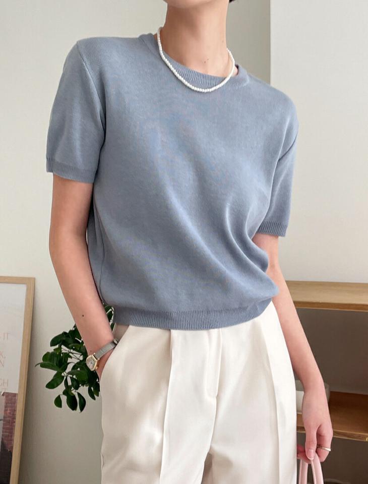 クロップド半袖ニット・全8色・t00222 レディース 【tops】トップス ニット 半袖 クロップド丈 単色 無地 シンプル ベーシック カジュアル 大人 短丈 パステル くすみ 春 秋 韓国ファッション ハイホリHIHOLLI