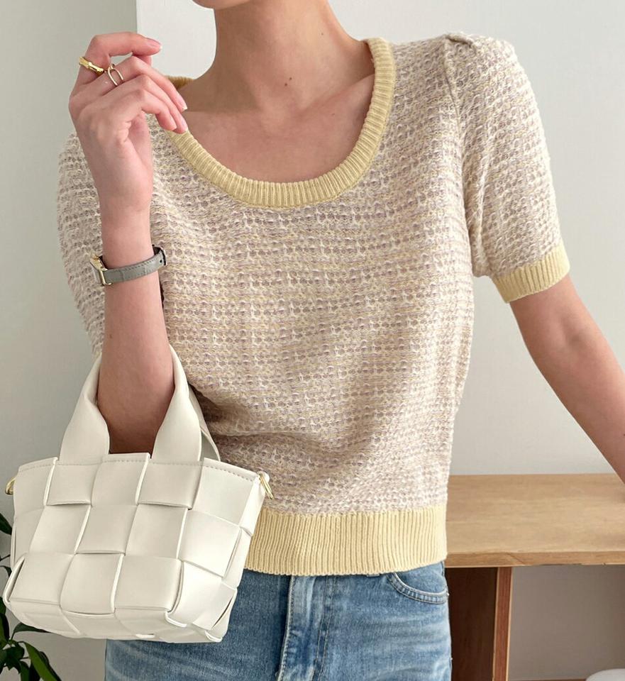 ツイード調Uネック半袖ニット・全3色・t00223 レディース 【tops】トップス ニット 半袖 ツイード Uネック デコルテ 鎖骨 フェミニン 大人 きれいめ パフ袖 パフスリーブ 上品 春 秋 韓国ファッション ハイホリHIHOLLI