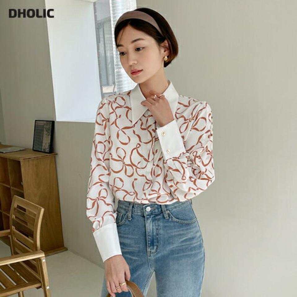 【マラソン特価】リボンパターンカラーブラウス・全3色・b00228 レディース 【bl】トップス ブラウス 長袖 総柄 モダン 大人 シック 襟コン 配色 きれいめ りぼん柄 オフィスカジュアル タック カフス カラーネック 春 秋 韓国ファッション ハイホリHIHOLLI セール