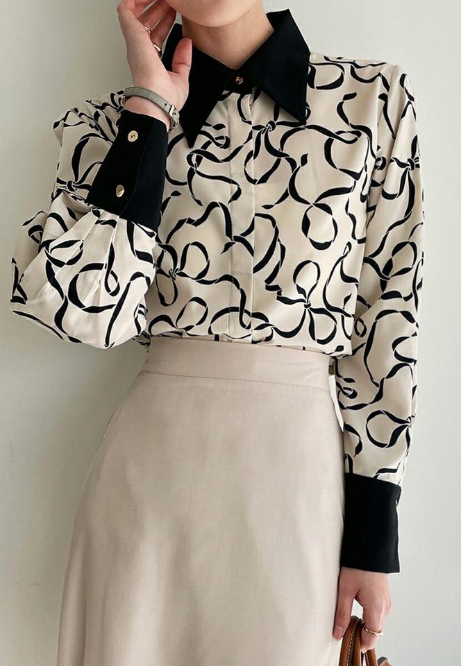 【マラソン特価】リボンパターンカラーブラウス・全3色・b00228 レディース 【bl】トップス ブラウス 長袖 総柄 モダン 大人 シック 襟コン 配色 きれいめ りぼん柄 オフィスカジュアル タック カフス カラーネック 春 秋 韓国ファッション ハイホリHIHOLLI セール