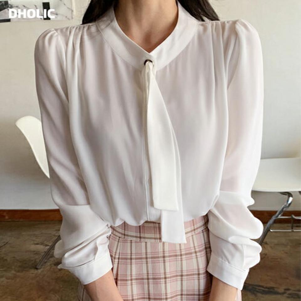 【マラソン特価】タイギャザーシフォンブラウス・全3色・b66791 レディース 【bl】韓国ファッション トップス ブラウス 長袖 タイ パフスリーブ ギャザー シフォン 無地 シンプル かわいい カジュアル フェミニン ガーリー 春 秋 冬