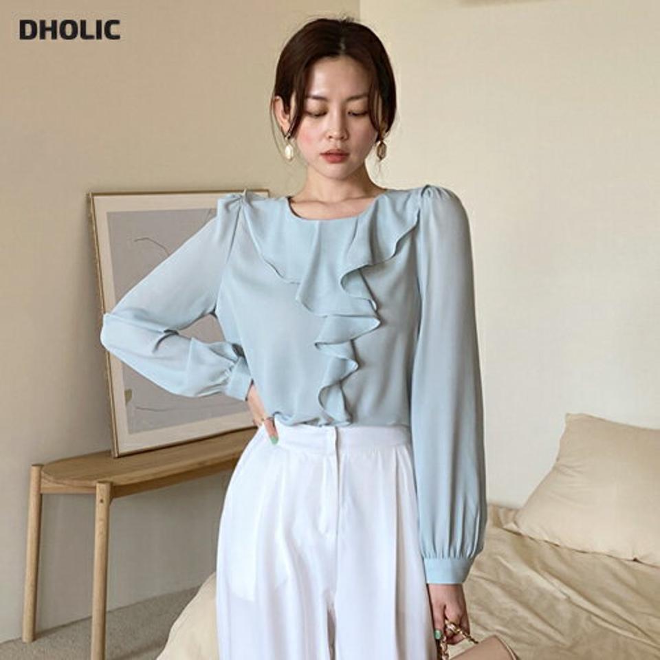 ラウンドフリルシフォンブラウス・全4色・b66783 レディース 【bl】韓国ファッション トップス ブラウス 長袖 ラウンドネック フリル シフォン パフスリーブ 水色 無地 シンプル かわいい カジュアル フェミニン ガーリー 春 秋 冬