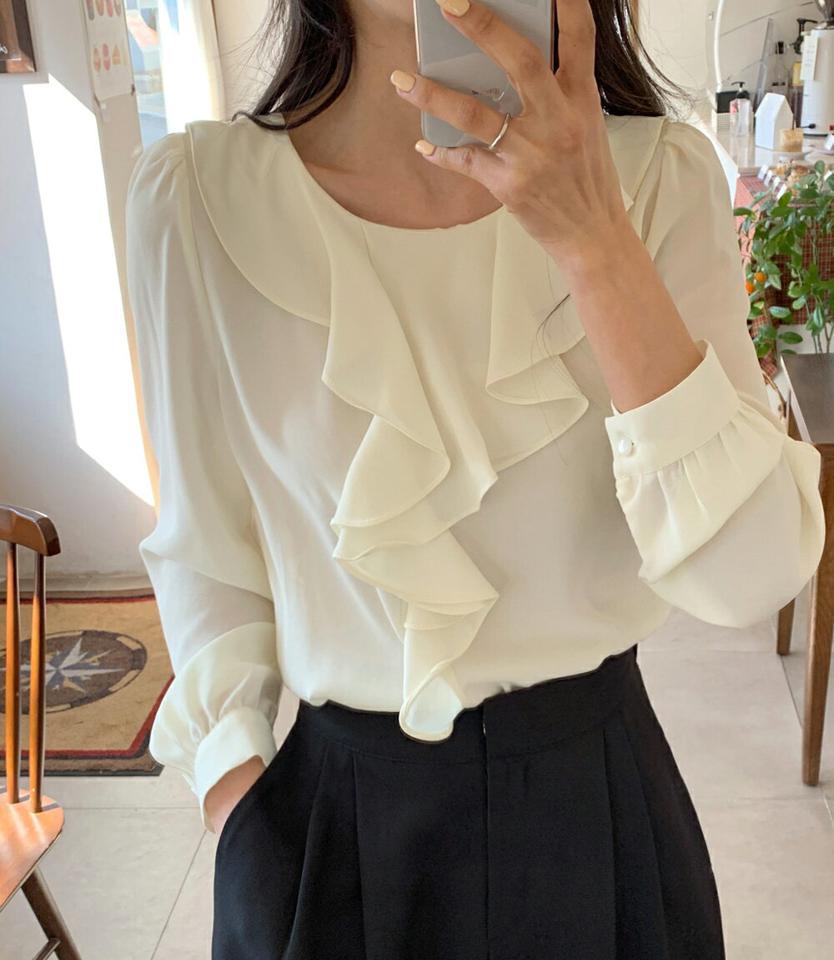 ラウンドフリルシフォンブラウス・全4色・b66783 レディース 【bl】韓国ファッション トップス ブラウス 長袖 ラウンドネック フリル シフォン パフスリーブ 水色 無地 シンプル かわいい カジュアル フェミニン ガーリー 春 秋 冬
