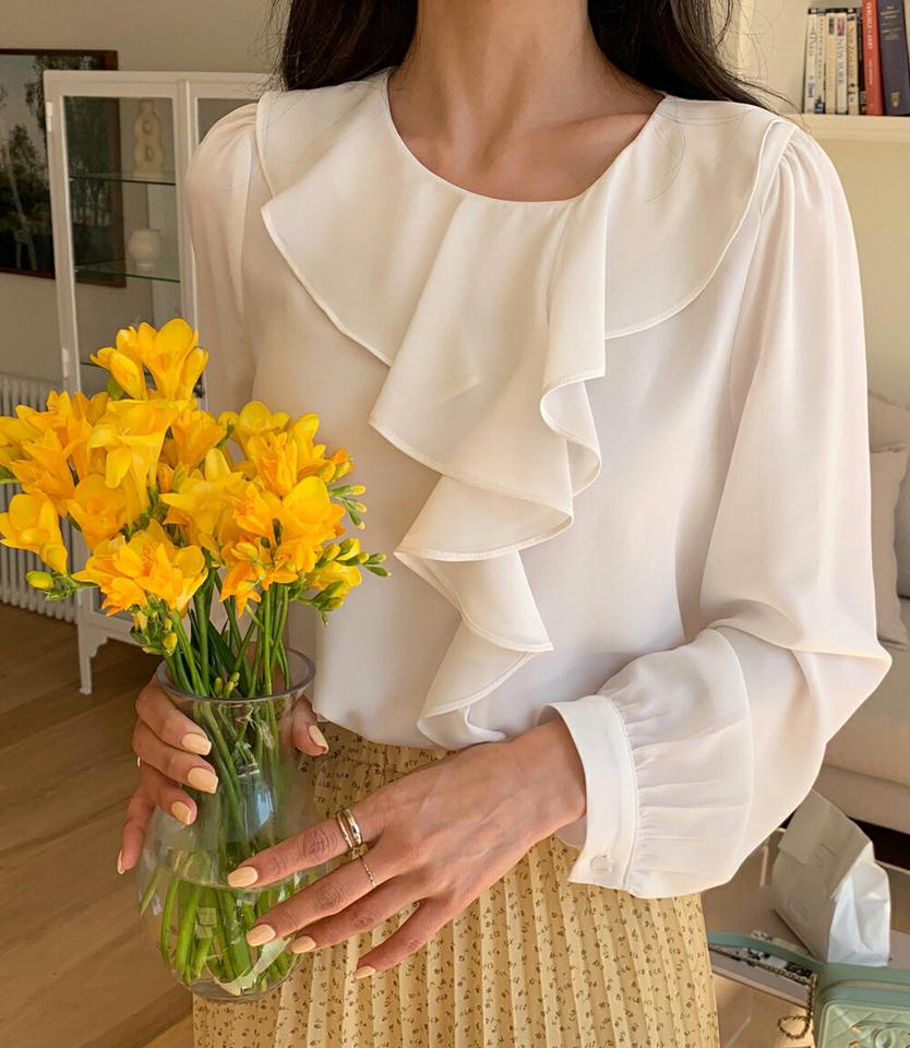 ラウンドフリルシフォンブラウス・全4色・b66783 レディース 【bl】韓国ファッション トップス ブラウス 長袖 ラウンドネック フリル シフォン パフスリーブ 水色 無地 シンプル かわいい カジュアル フェミニン ガーリー 春 秋 冬