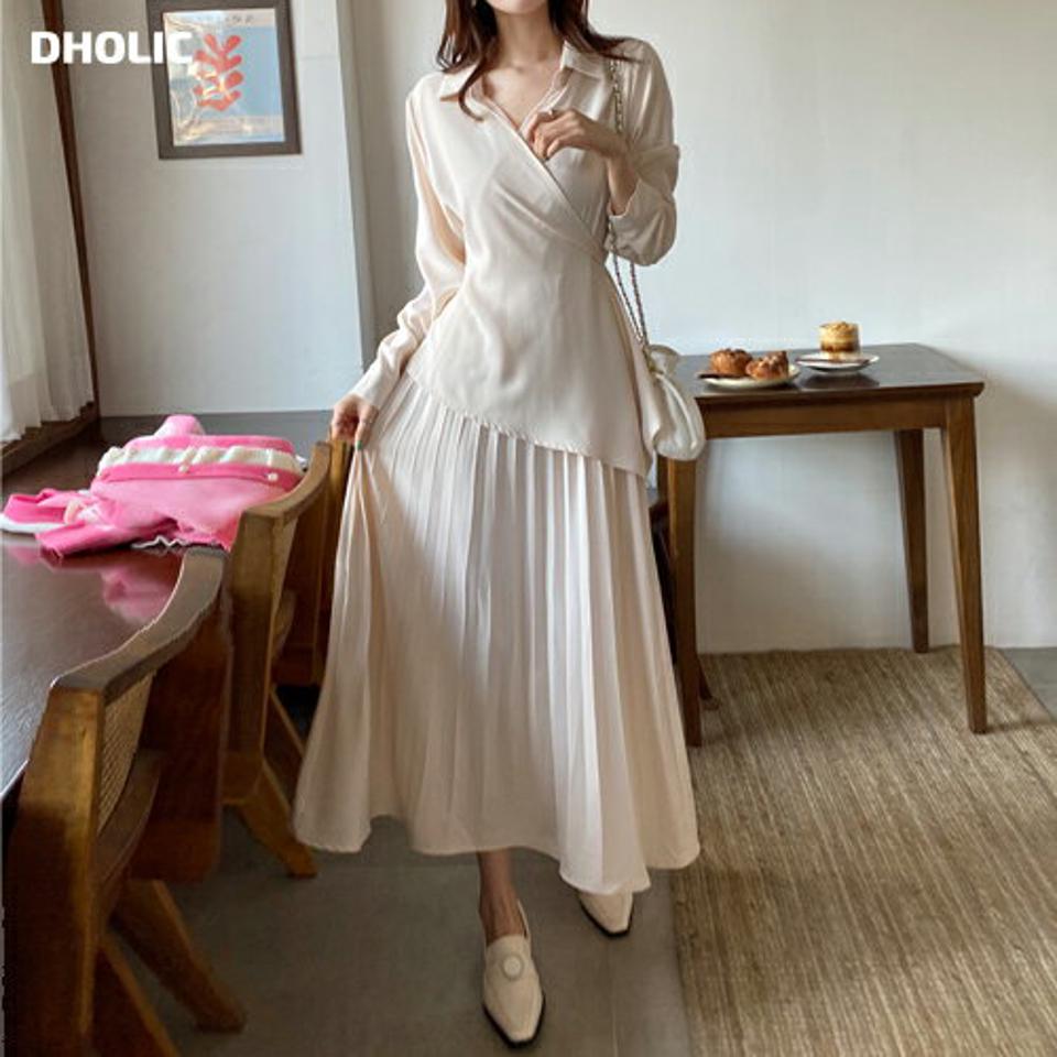 プリーツラップワンピース・全3色・b66792 レディース 【ops】韓国ファッション ワンピース ロング ロングワンピース 長袖 カラーネック プリーツ ラップ カフス ボタン ロング丈 無地 シンプル フェミニン 学校行事 春 秋 冬