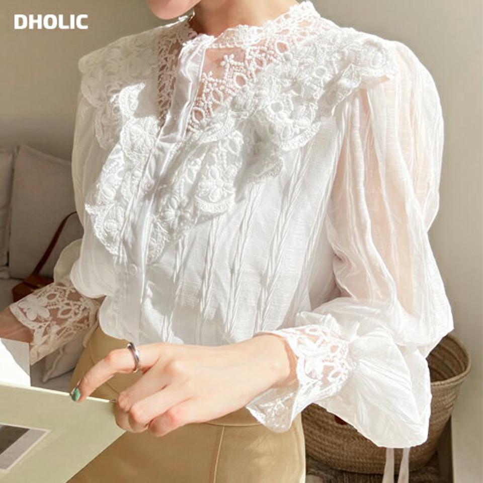 レースポイントリンクルブラウス・全2色・b66781 レディース 【bl】韓国ファッション トップス ブラウス 長袖 パフスリーブ 花柄 フローラル フラワー レース リンクル シンプル かわいい カジュアル フェミニン ガーリー 春 秋 冬