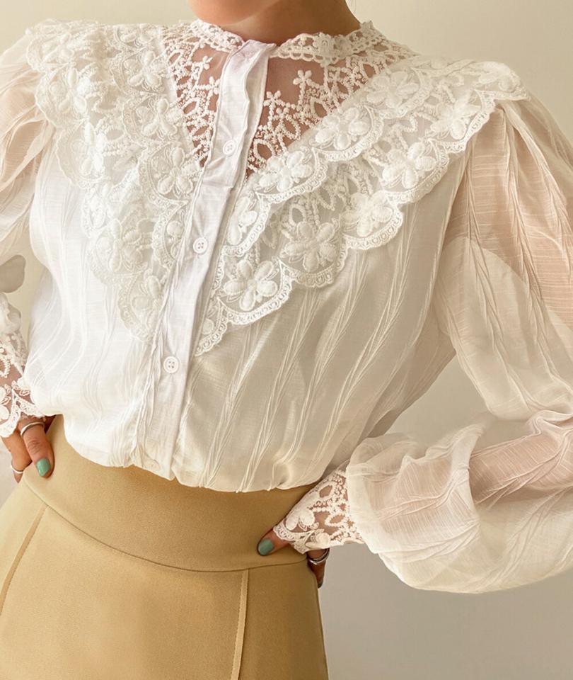 レースポイントリンクルブラウス・全2色・b66781 レディース 【bl】韓国ファッション トップス ブラウス 長袖 パフスリーブ 花柄 フローラル フラワー レース リンクル シンプル かわいい カジュアル フェミニン ガーリー 春 秋 冬