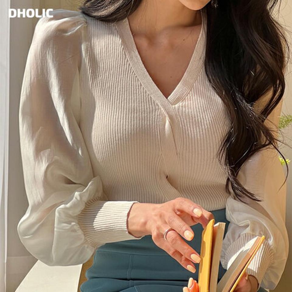 【大感謝祭特価】サテンスリーブツイストリブニット・全3色・b66778 レディース 【tops】韓国ファッション トップス ニット 大人 長袖 Vネック サテン シルキー パフスリーブ ツイスト 光沢 異素材 シンプル フェミニン カジュアル デイリー 春 秋 冬 年上 セール