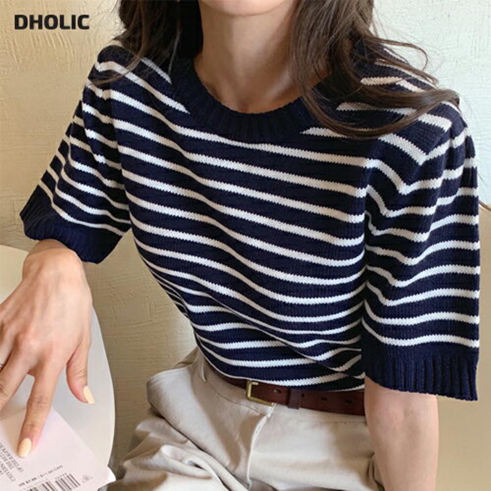 【10%OFF】ボーダーパフ半袖ニット・全4色・66773 レディース 【tops】韓国ファッション トップス ニット 大人 半袖 ラウンドネック ボーダー パフスリーブ シンプル 体型カバー フェミニン カジュアル デイリー 春 夏 秋 冬 春セール