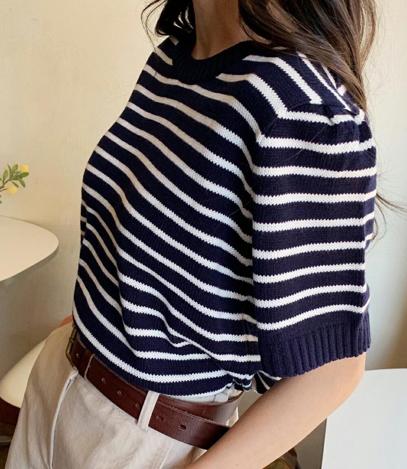 【10%OFF】ボーダーパフ半袖ニット・全4色・66773 レディース 【tops】韓国ファッション トップス ニット 大人 半袖 ラウンドネック ボーダー パフスリーブ シンプル 体型カバー フェミニン カジュアル デイリー 春 夏 秋 冬 春セール