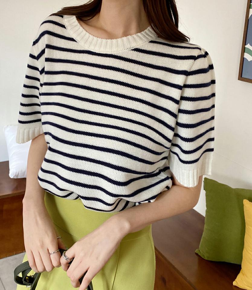 【10%OFF】ボーダーパフ半袖ニット・全4色・66773 レディース 【tops】韓国ファッション トップス ニット 大人 半袖 ラウンドネック ボーダー パフスリーブ シンプル 体型カバー フェミニン カジュアル デイリー 春 夏 秋 冬 春セール