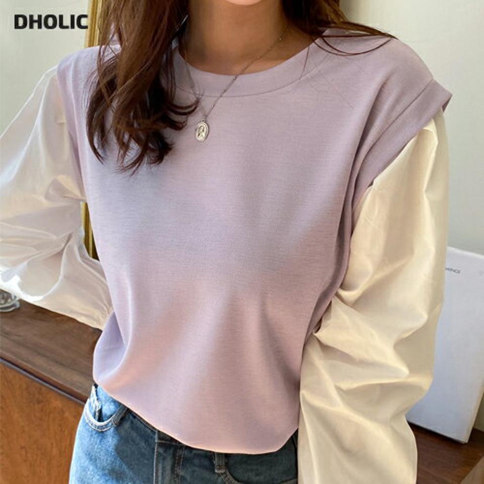 コントラストパフスリーブTシャツ・全3色・t66774 レディース 【tops】韓国ファッション トップス Tシャツ 大人 長袖 ラウンドネック コントラスト パフスリーブ シンプル かわいい フェミニン カジュアル デイリー 春 秋 冬