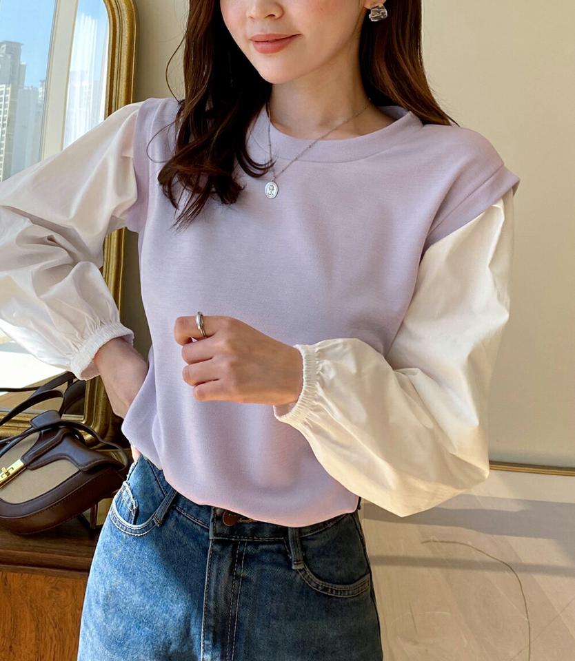 コントラストパフスリーブTシャツ・全3色・t66774 レディース 【tops】韓国ファッション トップス Tシャツ 大人 長袖 ラウンドネック コントラスト パフスリーブ シンプル かわいい フェミニン カジュアル デイリー 春 秋 冬