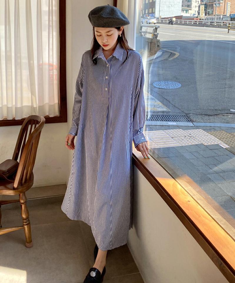 ストライプフレアシャツワンピース・全2色・t66788 レディース 【ops】韓国ファッション ワンピース ロング ロングワンピース 長袖 カラーネック ストライプ フレア シャツワンピース ロング丈 シンプル フェミニン 春 秋 冬