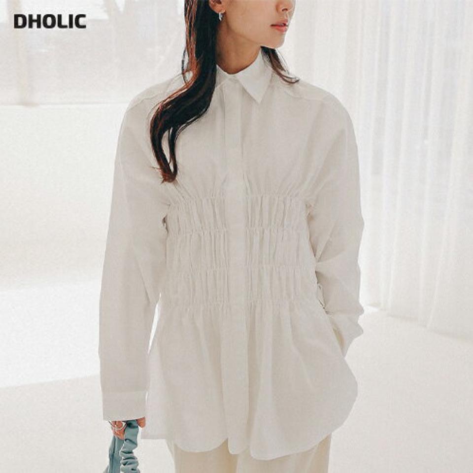 シャーリングスリットロングシャツ・全2色・a00203 レディース 【bl】トップス シャツ 長袖 ロング シャーリング パステル 単色 無地 襟 デコルテ見せ 鎖骨 肩落ち 春 秋 冬 スリム コットン カジュアル 大人 韓国ファッション ハイホリHIHOLLI