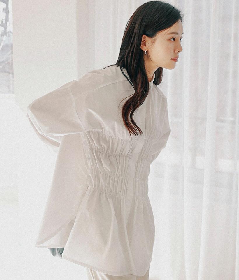 シャーリングスリットロングシャツ・全2色・a00203 レディース 【bl】トップス シャツ 長袖 ロング シャーリング パステル 単色 無地 襟 デコルテ見せ 鎖骨 肩落ち 春 秋 冬 スリム コットン カジュアル 大人 韓国ファッション ハイホリHIHOLLI