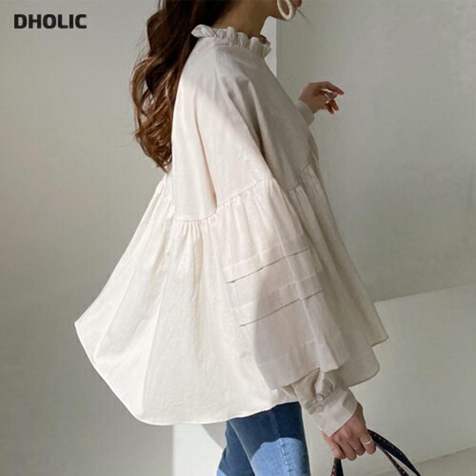 ≪人気商品再入荷≫ティアードパフブラウス・全2色・e71798 レディース 【bl】ブラウス トップス 長袖 パフスリーブ 春 秋 ルーズ ギャザー 体型カバー フレア 単色 無地 インしない フェミニン ボリュームスリーブ 韓国ファッション ハイホリHIHOLLI