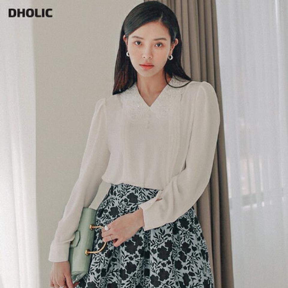 ビーズスカラップカラーブラウス・全3色・b00201 レディース 【bl】ブラウス トップス 単色 無地 襟コン 異素材 ビーズ 長袖 ボタン 春 秋 上品 きれいめ 大人っぽ スパンコール パフ 袖 Vネック パステル 韓国ファッション ハイホリHIHOLLI