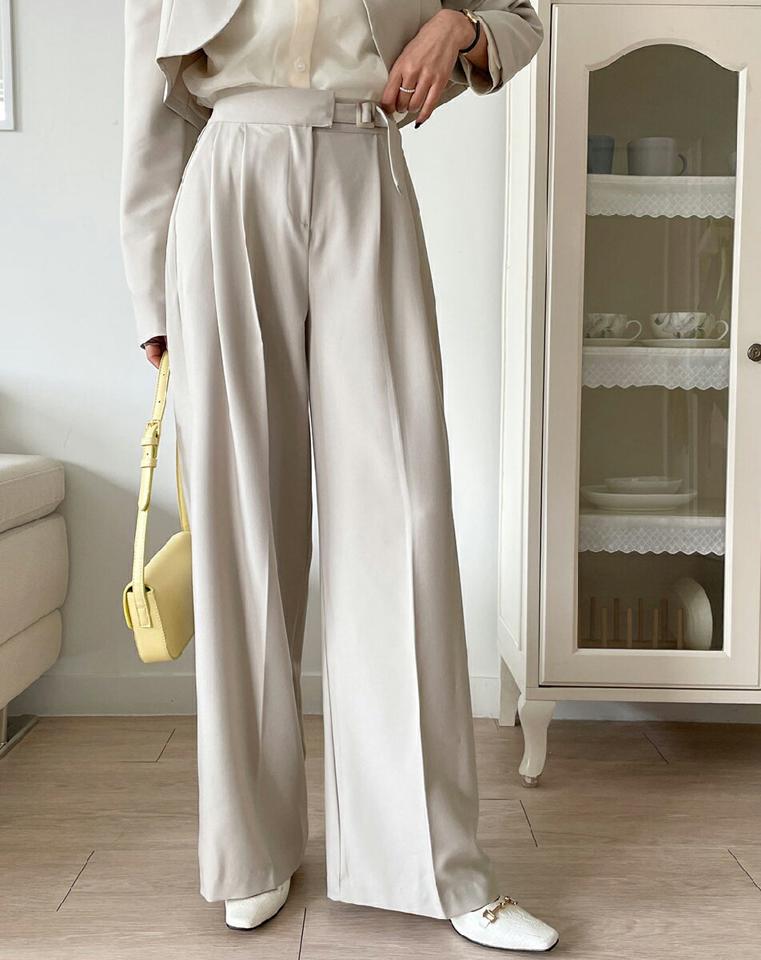 サイドベルトスラックス・全2色・t00263 レディース 【pt】韓国ファッション ボトムス ロング ロングパンツ スラックスパンツ スラックス サイドベルトハイウエスト ワイド ツータック 無地 シンプル フェミニン カジュアル 春 秋 冬