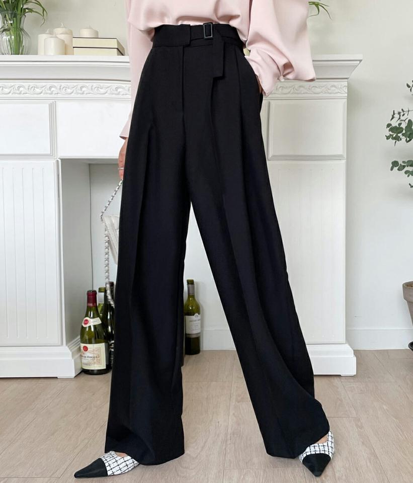 サイドベルトスラックス・全2色・t00263 レディース 【pt】韓国ファッション ボトムス ロング ロングパンツ スラックスパンツ スラックス サイドベルトハイウエスト ワイド ツータック 無地 シンプル フェミニン カジュアル 春 秋 冬