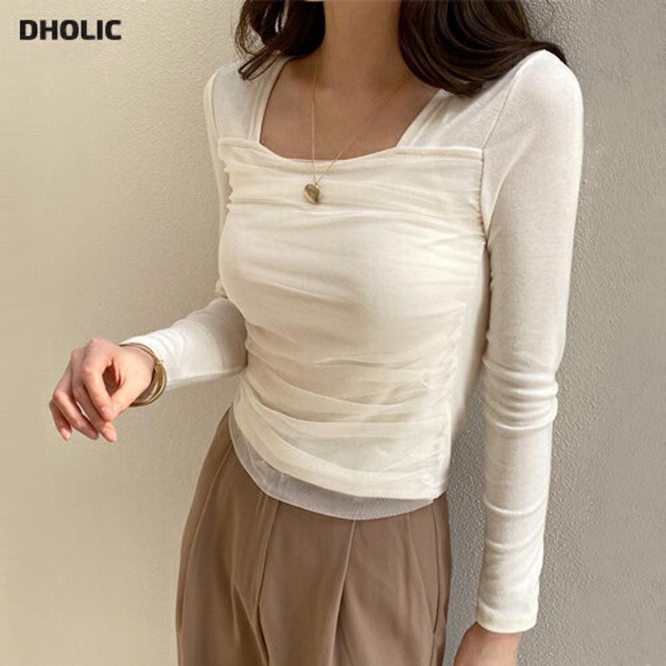 メッシュスクエアTシャツ・全3色・t71852 レディース 【tops】トップス 長袖 Tシャツスク エアネック メッシュ スリム ユニーク パステル 春 秋 冬 上品 きれいめ 大人っぽ 鎖骨 デコルテ見せ カジュアル 韓国ファッション ハイホリHIHOLLI