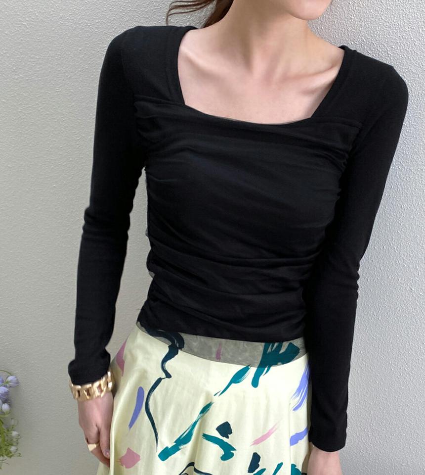 メッシュスクエアTシャツ・全3色・t71852 レディース 【tops】トップス 長袖 Tシャツスク エアネック メッシュ スリム ユニーク パステル 春 秋 冬 上品 きれいめ 大人っぽ 鎖骨 デコルテ見せ カジュアル 韓国ファッション ハイホリHIHOLLI