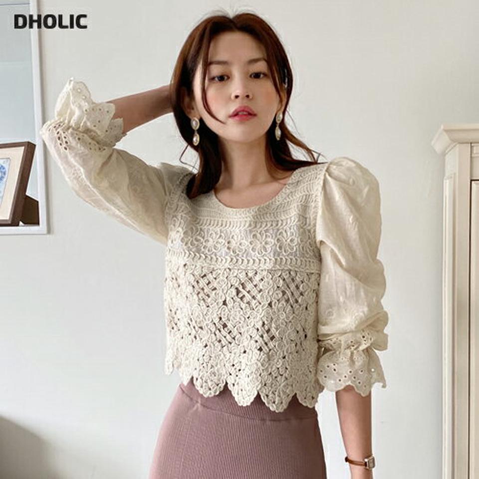 刺繍レースパフブラウス・全2色・t00252 レディース 【bl】韓国ファッション トップス ブラウス 長袖 ラウンドネック 刺繍 レース パフスリーブ クロップド丈 シンプル かわいい カジュアル フェミニン ガーリー 春 秋 冬