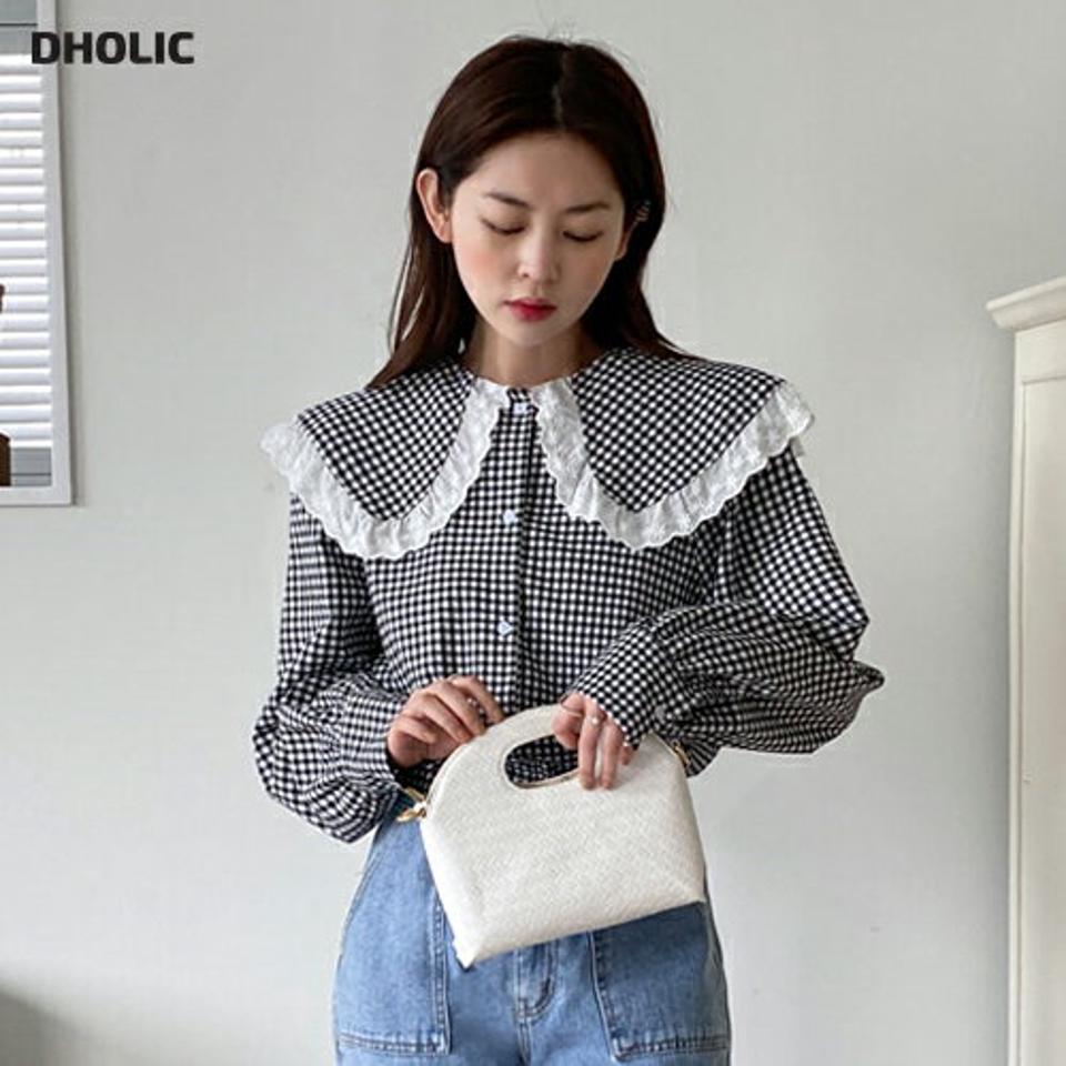 2TYPEスカラップレースカラーブラウス・全2色・b00277 レディース 【bl】韓国ファッション トップス ブラウス 長袖 カラーネック チェック柄 スカラップ レースカラー シンプル かわいい カジュアル フェミニン ガーリー 春 秋 冬