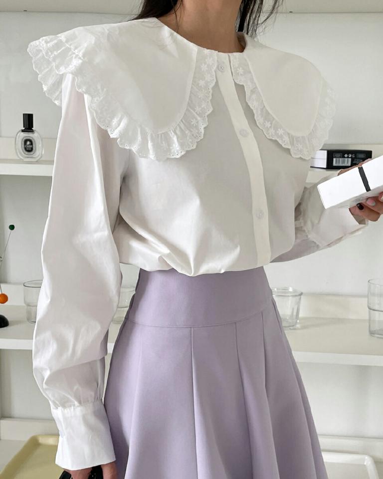 2TYPEスカラップレースカラーブラウス・全2色・b00277 レディース 【bl】韓国ファッション トップス ブラウス 長袖 カラーネック チェック柄 スカラップ レースカラー シンプル かわいい カジュアル フェミニン ガーリー 春 秋 冬