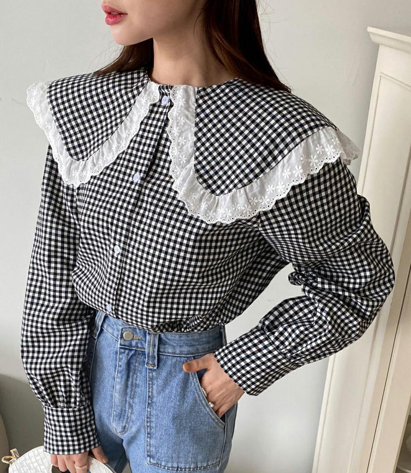 2TYPEスカラップレースカラーブラウス・全2色・b00277 レディース 【bl】韓国ファッション トップス ブラウス 長袖 カラーネック チェック柄 スカラップ レースカラー シンプル かわいい カジュアル フェミニン ガーリー 春 秋 冬