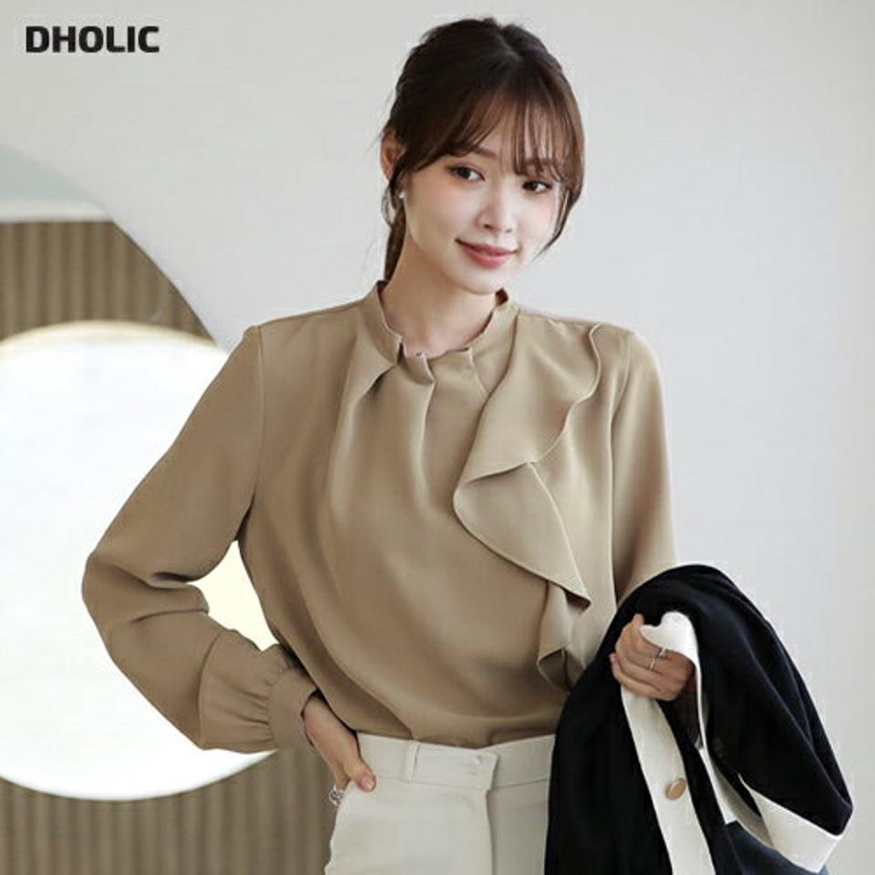 ≪人気商品再入荷≫フリルブラウス・全2色・e71799 レディース 【bl】ブラウス トップス 長袖 単色 シンプル 無地 ユニーク 春 秋 冬 オフィスカジュアル パステル ギャザー タック シルキー フリル きれいめ 大人 韓国ファッション ハイホリHIHOLLI