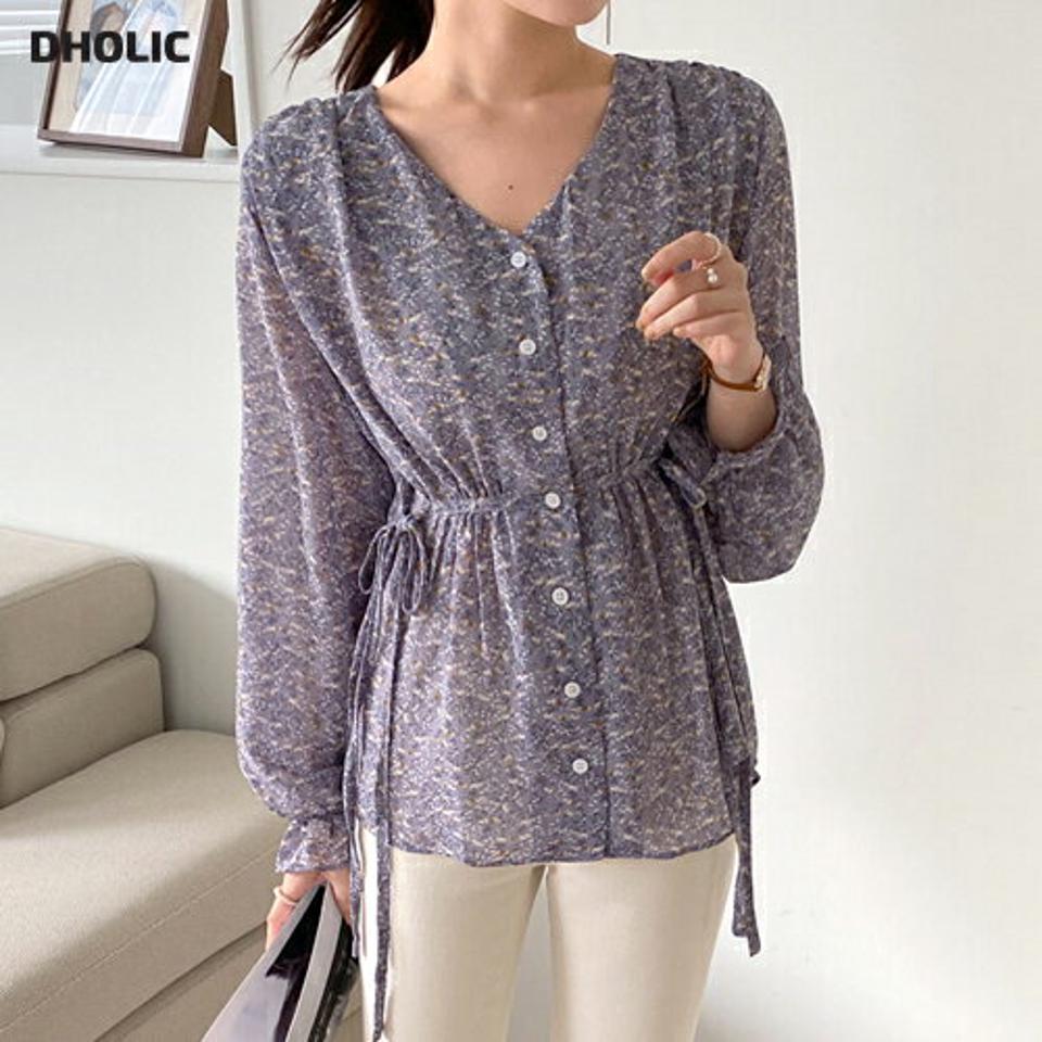 2TYPEウエストリボンブラウス・全2色・b00250 レディース 【bl】韓国ファッション トップス ブラウス 長袖 Vネック リボン 花柄 フラワー フローラル シンプル かわいい カジュアル フェミニン ガーリー 春 秋 冬