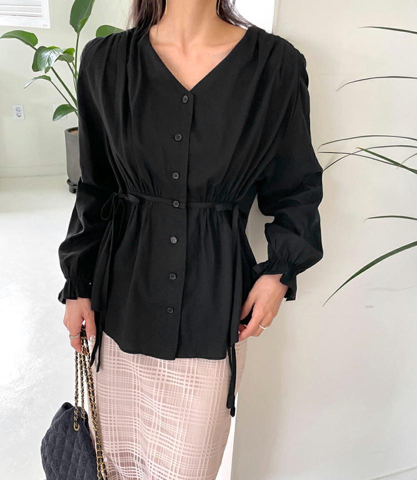 2TYPEウエストリボンブラウス・全2色・b00250 レディース 【bl】韓国ファッション トップス ブラウス 長袖 Vネック リボン 花柄 フラワー フローラル シンプル かわいい カジュアル フェミニン ガーリー 春 秋 冬