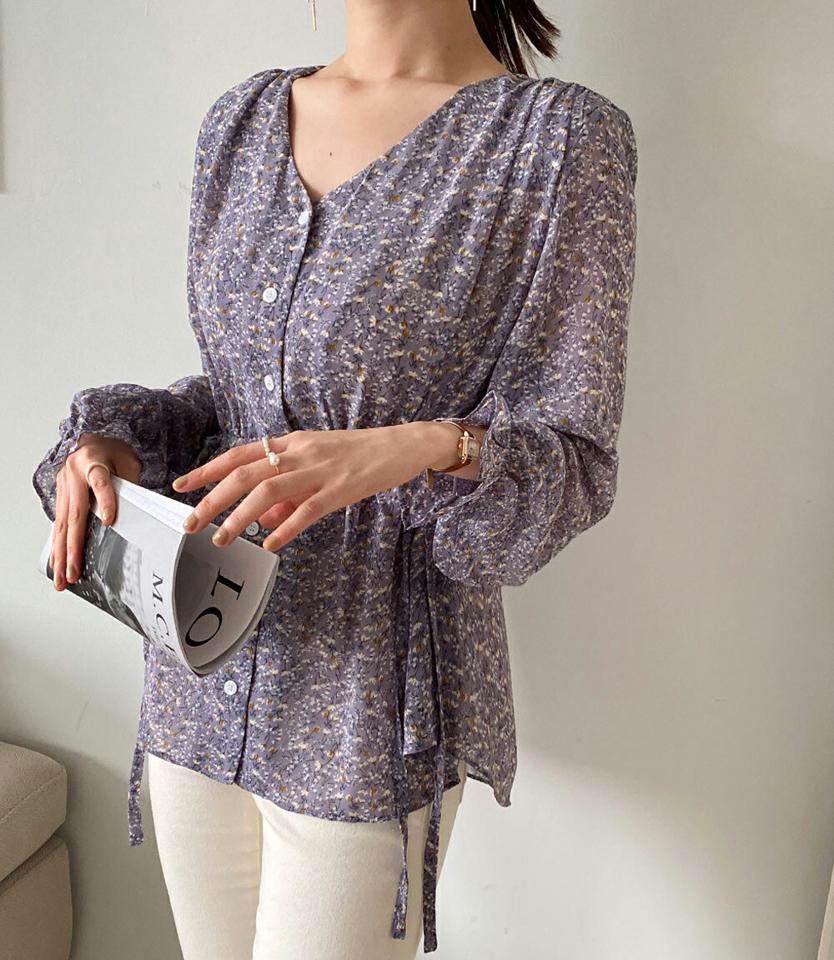 2TYPEウエストリボンブラウス・全2色・b00250 レディース 【bl】韓国ファッション トップス ブラウス 長袖 Vネック リボン 花柄 フラワー フローラル シンプル かわいい カジュアル フェミニン ガーリー 春 秋 冬