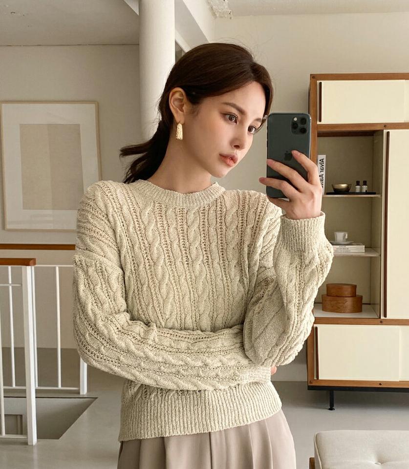 ツイストクロップドラウンドニット・全5色・t71854 レディース 【tops】トップス 長袖 ニット ツイスト 編み 柄 単色 パステル 秋 冬 肩落ち ドロップショルダー スタイルアップ クロップド丈 カジュアル かわいい フェミニン 韓国ファッション ハイホリHIHOLLI