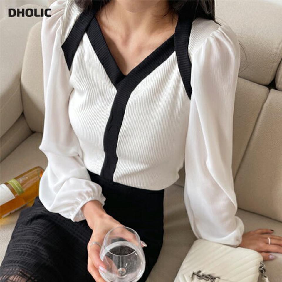 配色シフォンパフニット・全3色・t00298 レディース 【tops】韓国ファッション トップス ニット 大人 長袖 Vネック 配色 シフォン パフスリーブ ボレロレイヤード風 シンプル フェミニン カジュアル デイリー 春 秋 冬