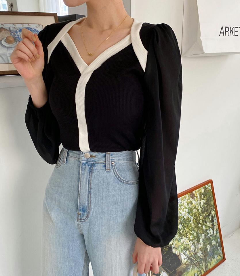 配色シフォンパフニット・全3色・t00298 レディース 【tops】韓国ファッション トップス ニット 大人 長袖 Vネック 配色 シフォン パフスリーブ ボレロレイヤード風 シンプル フェミニン カジュアル デイリー 春 秋 冬
