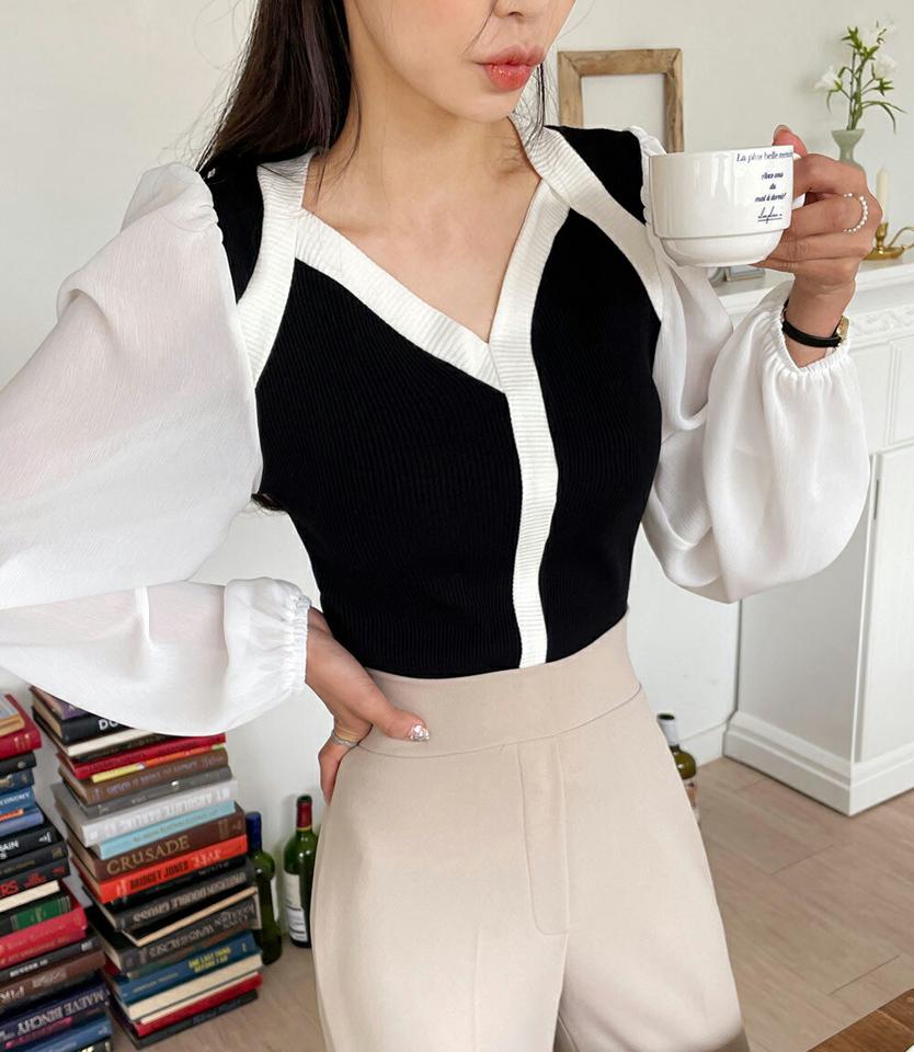 配色シフォンパフニット・全3色・t00298 レディース 【tops】韓国ファッション トップス ニット 大人 長袖 Vネック 配色 シフォン パフスリーブ ボレロレイヤード風 シンプル フェミニン カジュアル デイリー 春 秋 冬