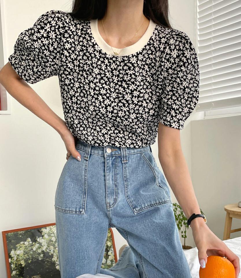 小花柄パフ半袖Tシャツ・全4色・t00253 レディース 【tops】韓国ファッション トップス Tシャツ 大人 半袖 ラウンドネック 小花柄 花柄 フローラル フラワー パフ クロップド丈 シンプル フェミニン カジュアル デイリー 春 夏 秋 冬