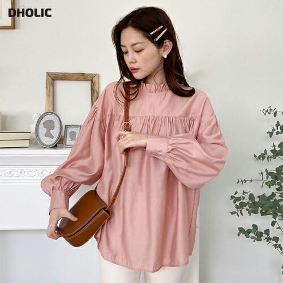 フリルネックギャザーブラウス・全3色・b00249 レディース 【bl】韓国ファッション トップス ブラウス 長袖 フリルネック ギャザー 光沢 無地 シンプル かわいい カジュアル フェミニン ピンク ガーリー 春 秋 冬