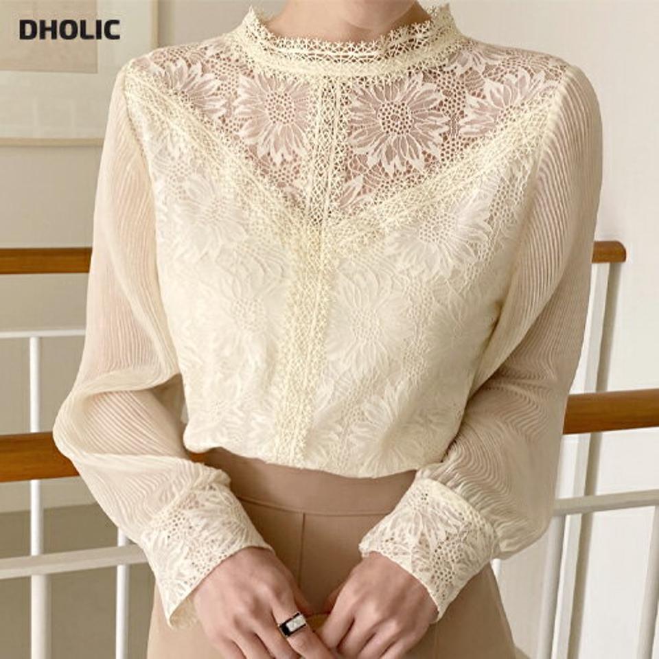 プリーツスリーブレースブラウス・全2色・b71849 レディース 【bl】ブラウス トップス 長袖 パステル レース 花柄 異素材 プリーツ 花 ハーフネック 単色 透け感 春 秋 上品 フェミニン きれいめ 大人っぽ 高級感 韓国ファッション ハイホリHIHOLLI